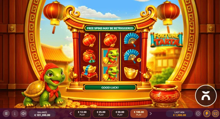 Fortune Tarta - หน้าจอเกมพร้อมวงล้อและเต่า